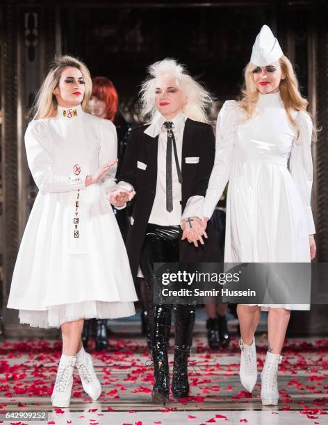 Alice Dellal, Pam Hogg and Fearne Cotton walk the runway at the Pam Hogg show during the London Fashion Week February 2017 collections on February...