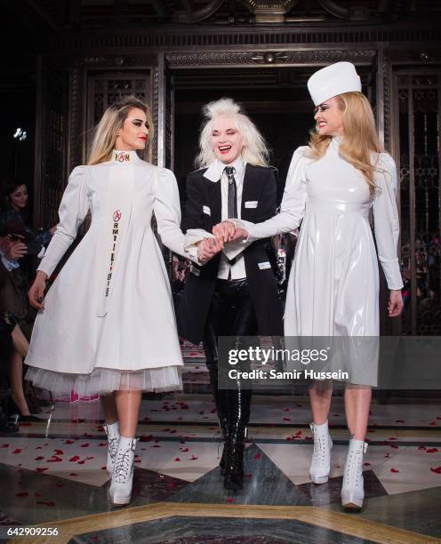 Alice Dellal, Pam Hogg and Fearne Cotton walk the runway at the Pam Hogg show during the London Fashion Week February 2017 collections on February...