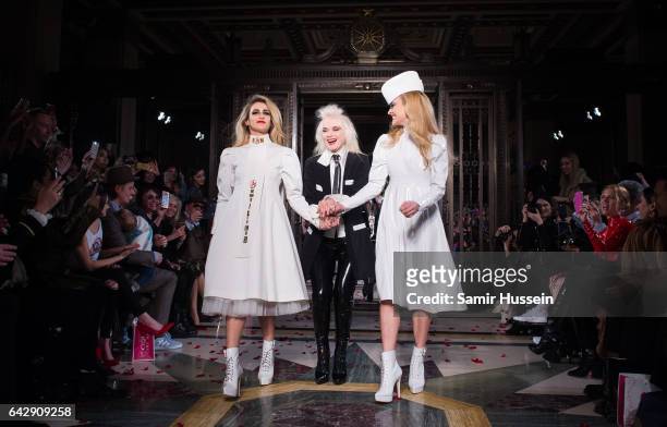 Alice Dellal, Pam Hogg and Fearne Cotton walk the runway at the Pam Hogg show during the London Fashion Week February 2017 collections on February...