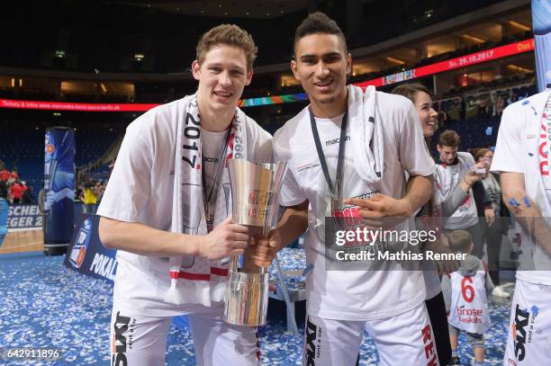 Patrick Heckmann and Maodo Lo of Brose Bamberg after the game between Bayern Muenchen and Brose Bamberg on february 19, 2017 in Berlin, Germany.