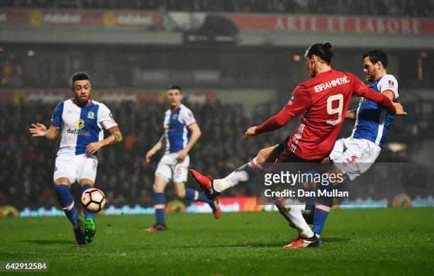 Zlatan Ibrahimovic of Manchester United scores their second goal during The Emirates FA Cup Fifth Round match between Blackburn Rovers and Manchester...