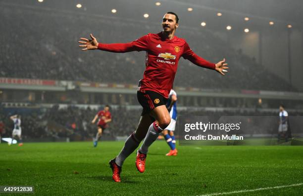 Zlatan Ibrahimovic of Manchester United celebrates as he scores their second goal during The Emirates FA Cup Fifth Round match between Blackburn...