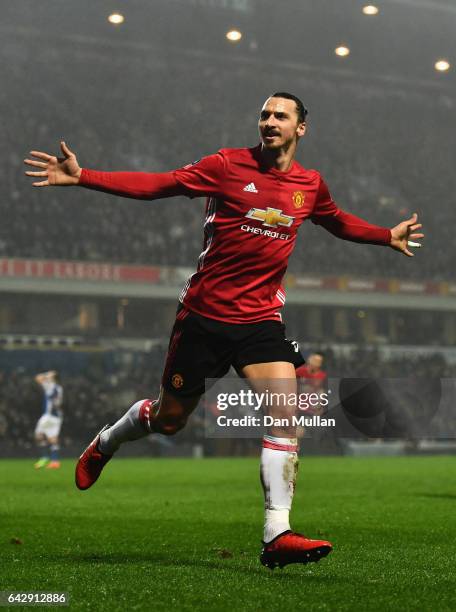 Zlatan Ibrahimovic of Manchester United celebrates as he scores their second goal during The Emirates FA Cup Fifth Round match between Blackburn...