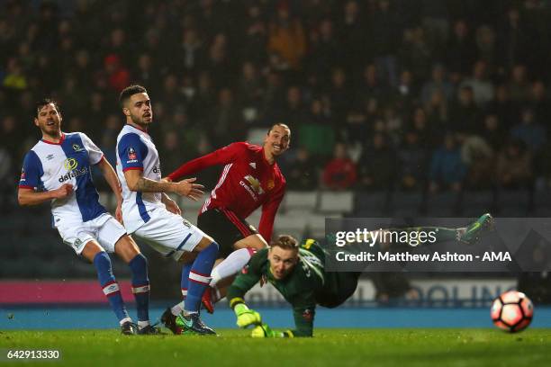 Zlatan Ibrahimovic of Manchester United scores his team's second goal to make the score 1-2 during the Emirates FA Cup Fifth Round match between...