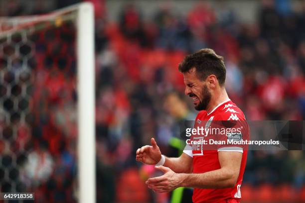 Orlando Sa of Standard Liege reacts to a missed chance on goal during the Belgian Jupiler Pro League match between Royal Standard de Liege and KAA...