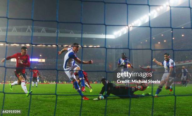 Anthony Stokes of Blackburn Rovers shoots past Sergio Romero of Manchester United, but the goal is disallowed during The Emirates FA Cup Fifth Round...