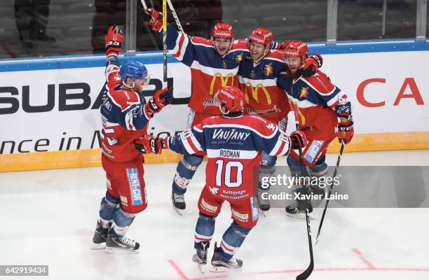 Captain Eric Chouinard of Grenoble celebrate his goal with teammates during the French Cup finale Hockey match between Dragons de Rouen vs Bruleurs...