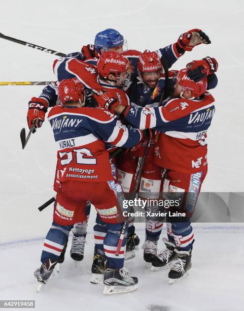 Captain Eric Chouinard of Grenoble celebrate his goal with teammates during the French Cup finale Hockey match between Dragons de Rouen vs Bruleurs...