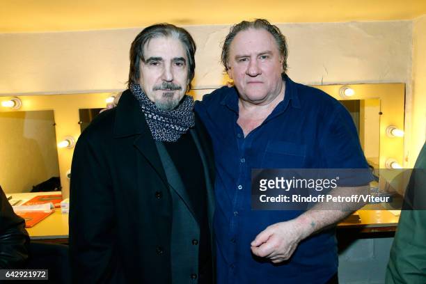 Serge Lama and Gerard Depardieu pose Backstage after Gerard Depardieu sings Barbara, accompanied on the piano of Barbara by Gerard Daguerre, who was...