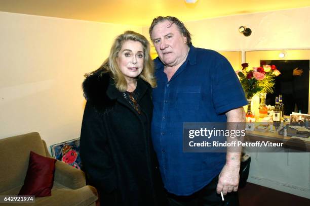 Catherine Deneuve and Gerard Depardieu pose Backstage after Gerard Depardieu sings Barbara, accompanied on the piano of Barbara by Gerard Daguerre,...