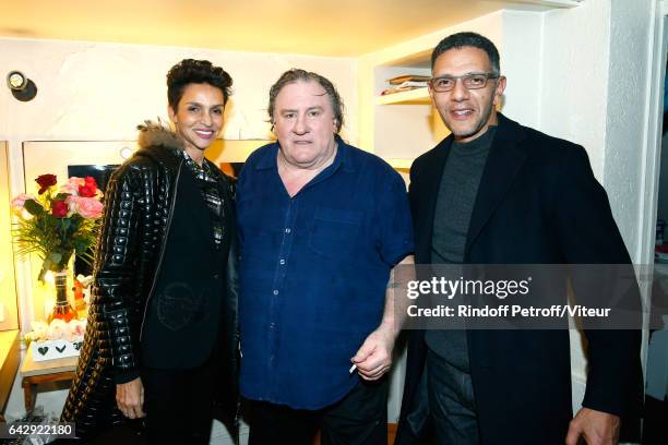 Farida Khelfa, Gerard Depardieu and Roschdy Zem pose Backstage after Gerard Depardieu sings Barbara, accompanied on the piano of Barbara by Gerard...