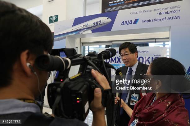 Hideki Kunugi, senior vice president of the Americas at All Nippon Airways Co. , speaks during a media event at Benito Juarez International Airport...