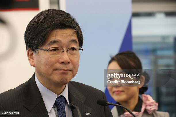 Hideki Kunugi, senior vice president of the Americas at All Nippon Airways Co. , pauses while speaking during a media event at Benito Juarez...