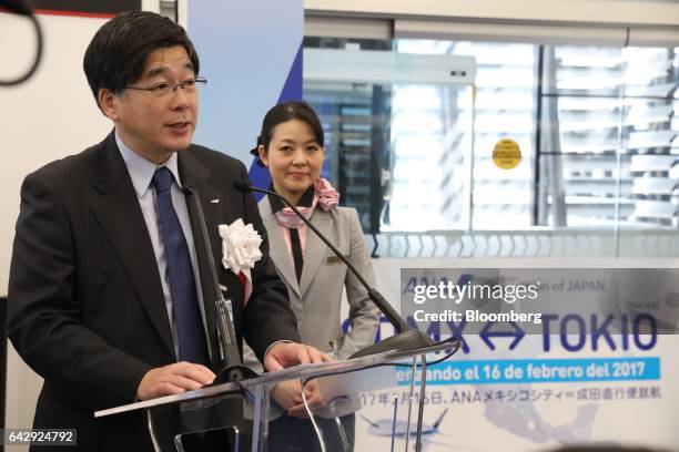 Hideki Kunugi, senior vice president of the Americas at All Nippon Airways Co. , speaks during a media event at Benito Juarez International Airport...