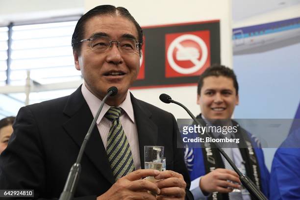 Nobutaka Wakui, president of the Japanese Mexican Association, speaks during an All Nippon Airways Co. Media event at Benito Juarez International...