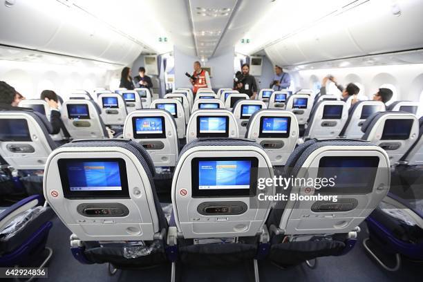 Attendees inspect the interior of an All Nippon Airways Co. Operated Boeing Co. 787-8 during a media event at Benito Juarez International Airport in...