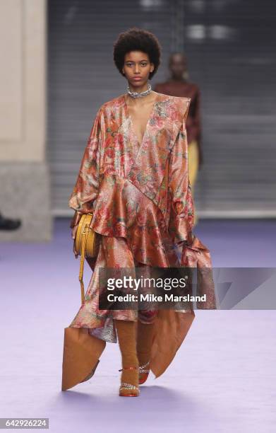 Model walks the runway at the Mulberry show during the London Fashion Week February 2017 collections on February 19, 2017 in London, England.