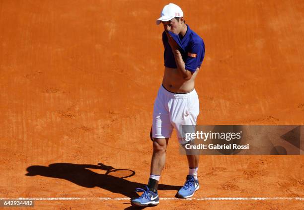 Kei Nishikori of Japan looks on during a final match between Kei Nishikori of Japan and Alexandr Dolgopolov of Ukraine as part of ATP Argentina Open...