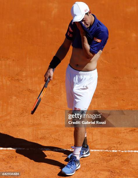 Kei Nishikori of Japan looks on during a final match between Kei Nishikori of Japan and Alexandr Dolgopolov of Ukraine as part of ATP Argentina Open...