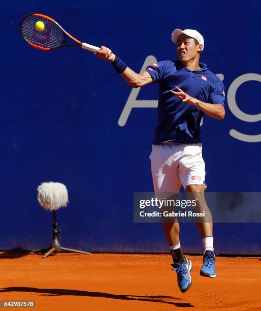 Kei Nishikori of Japan takes a forehand shot during a final match between Kei Nishikori of Japan and Alexandr Dolgopolov of Ukraine as part of ATP...