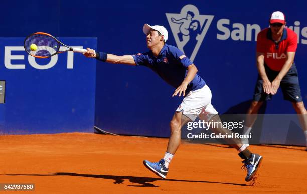 Kei Nishikori of Japan takes a forehand shot during a final match between Kei Nishikori of Japan and Alexandr Dolgopolov of Ukraine as part of ATP...