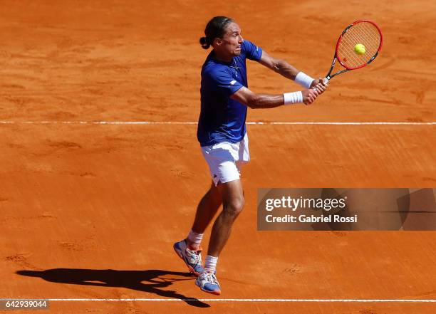 Alexandr Dolgopolov of Ukraine takes a backhand shot during a final match between Kei Nishikori of Japan and Alexandr Dolgopolov of Ukraine as part...