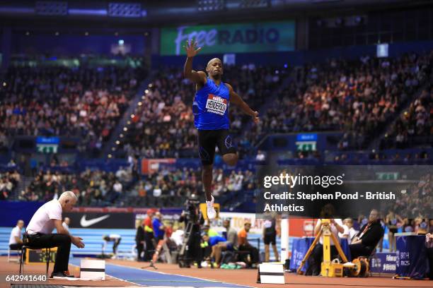 Jeff Henderson of USA competes in the mens long jump during the Muller Indoor Grand Prix 2017 at the Barclaycard Arena on February 18, 2017 in...