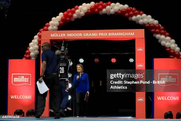 Presenter Katharine Merry greets the spectators during the Muller Indoor Grand Prix 2017 at the Barclaycard Arena on February 18, 2017 in Birmingham,...