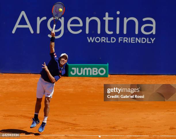 Kei Nishikori of Japan serves during a final match between Kei Nishikori of Japan and Alexandr Dolgopolov of Ukraine as part of ATP Argentina Open at...