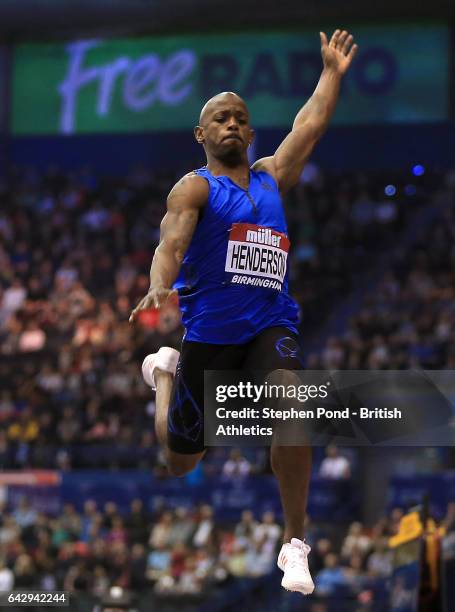 Jeff Henderson of USA competes in the mens long jump during the Muller Indoor Grand Prix 2017 at the Barclaycard Arena on February 18, 2017 in...