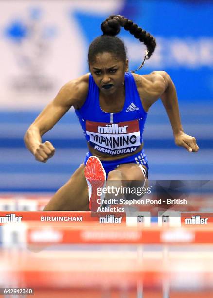 Christina Manning of USA in the Women's 60m Hurdles during the Muller Indoor Grand Prix 2017 at the Barclaycard Arena on February 18, 2017 in...