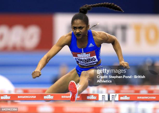 Christina Manning of USA in the Women's 60m Hurdles during the Muller Indoor Grand Prix 2017 at the Barclaycard Arena on February 18, 2017 in...