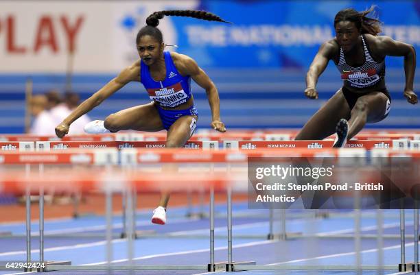 Christina Manning of USA in the Women's 60m Hurdles during the Muller Indoor Grand Prix 2017 at the Barclaycard Arena on February 18, 2017 in...