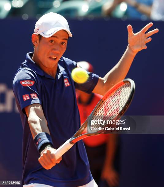 Kei Nishikori of Japan takes a backhand shot during a final match between Kei Nishikori of Japan and Alexandr Dolgopolov of Ukraine as part of ATP...