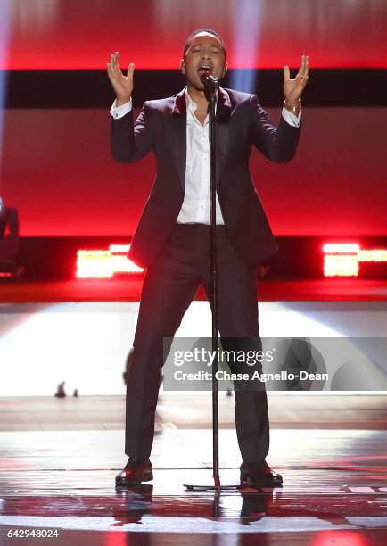 Singer John Legend performs onstage during the NHL 100 presented by GEICO show as part of the 2017 NHL All-Star Weekend at the Microsoft Theater on...