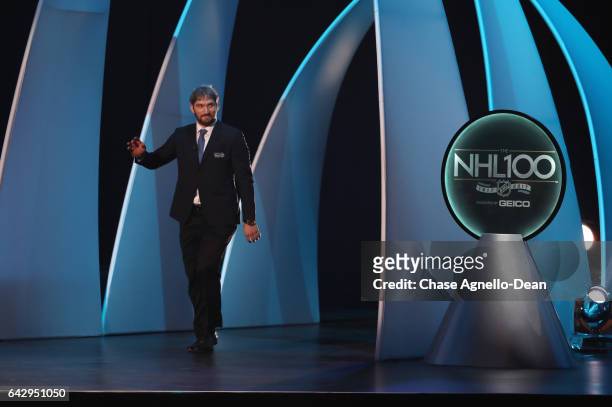 Player Alex Ovechkin walks onstage during the NHL 100 presented by GEICO show as part of the 2017 NHL All-Star Weekend at the Microsoft Theater on...