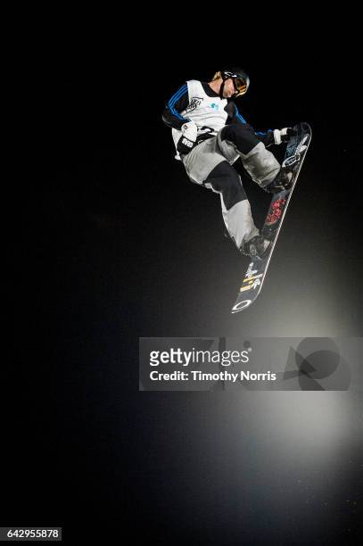 Snow boarder Roope Tonteri of Finland competes during qualification rounds of Air + Style Los Angeles 2017 at Exposition Park on February 18, 2017 in...