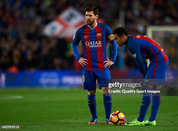Lionel Messi and Neymar Jr of Barcelona looks on during the La Liga match between FC Barcelona and CD Leganes at Camp Nou Stadium on February 19,...
