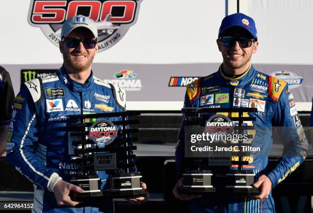 Pole winner, Chase Elliott, driver of the NAPA Chevrolet, and Front Row winner Dale Earnhardt Jr., driver of the Nationwide Chevrolet, celebrate in...