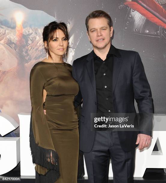 Actor Matt Damon and wife Luciana Damon attend the premiere of "The Great Wall" at TCL Chinese Theatre IMAX on February 15, 2017 in Hollywood,...