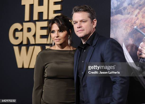 Actor Matt Damon and wife Luciana Damon attend the premiere of "The Great Wall" at TCL Chinese Theatre IMAX on February 15, 2017 in Hollywood,...