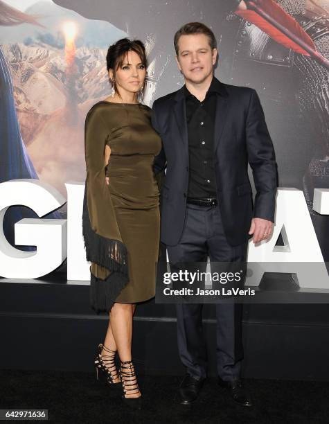 Actor Matt Damon and wife Luciana Damon attend the premiere of "The Great Wall" at TCL Chinese Theatre IMAX on February 15, 2017 in Hollywood,...