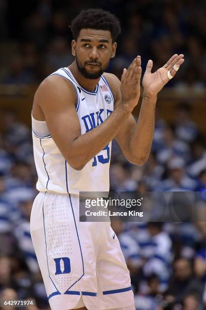 Matt Jones of the Duke Blue Devils reacts during their game against the Wake Forest Demon Deacons at Cameron Indoor Stadium on February 18, 2017 in...