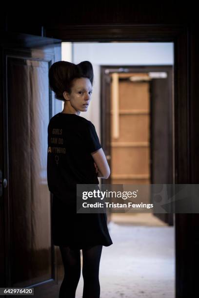 Model backstage ahead of the Cimone show during the London Fashion Week February 2017 collections on February 19, 2017 in London, England.