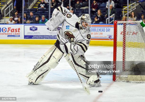 Vitek Vanecek of the Hershey Bears clears the puck during a game against the Bridgeport Sound Tigers at the Webster Bank Arena on February 19, 2017...