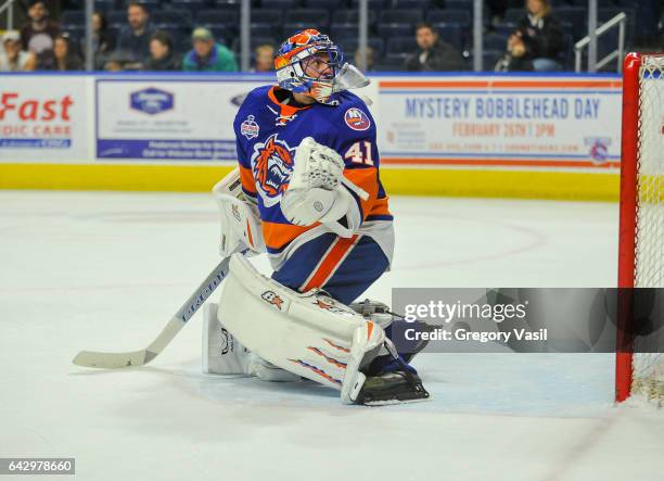 Jaroslav Halak of the Bridgeport Sound Tigers looks behind him for the puck during a game against the Hershey Bears at the Webster Bank Arena on...