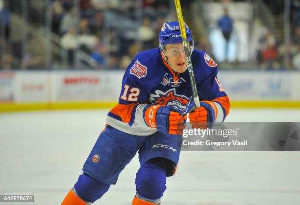 Josh Holmstrom of the Bridgeport Sound Tigers skates up ice during a game against the Hershey Bears at the Webster Bank Arena on February 19, 2017 in...