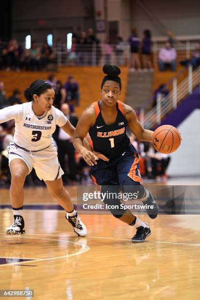 Illinois Fighting Illini guard Brandi Beasley drives against Northwestern Wildcats guard Ashley Deary in the first half during a game between the...