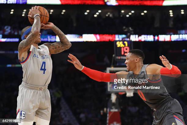 Russell Westbrook of the Oklahoma City Thunder defends Isaiah Thomas of the Boston Celtics in the first half of the 2017 NBA All-Star Game at...