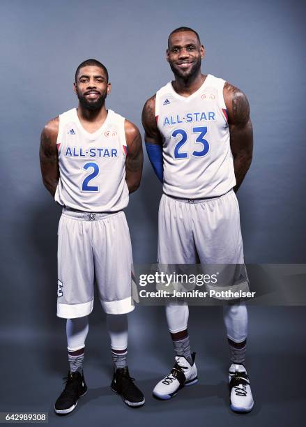 LeBron James and Kyrie Irving of the Eastern Conference All-Stars poses for a portrait during the NBA All-Star Game as part of 2017 All-Star Weekend...